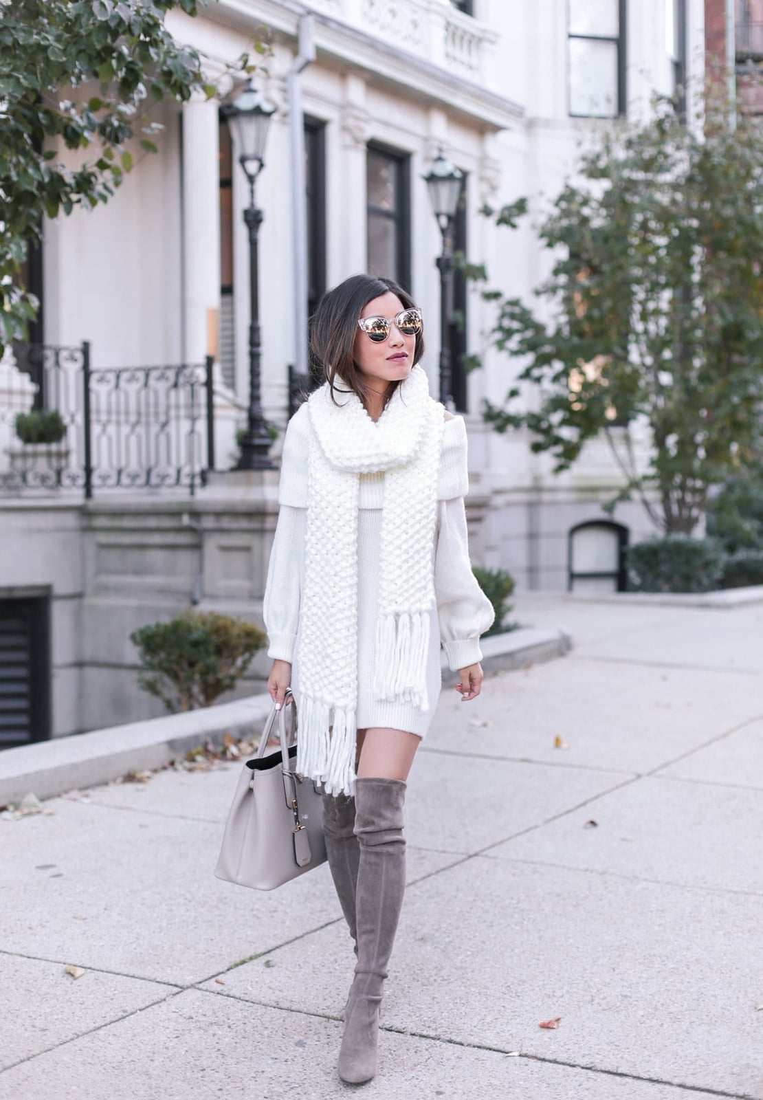 Cream Sweater Dress with Chunky Knit Scarf — Dress with Scarf