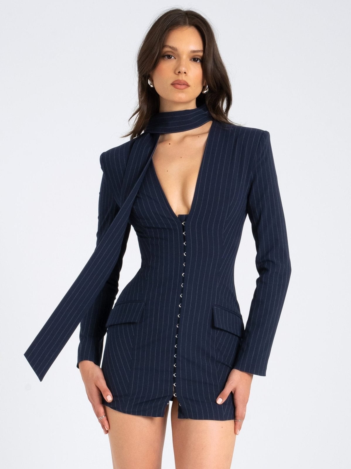 Navy Pinstripe Blazer Dress with Scarf Collar