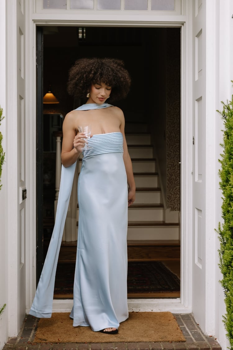 Light Blue Strapless Dress with Attached Long Scarf — Dress with Scarf
