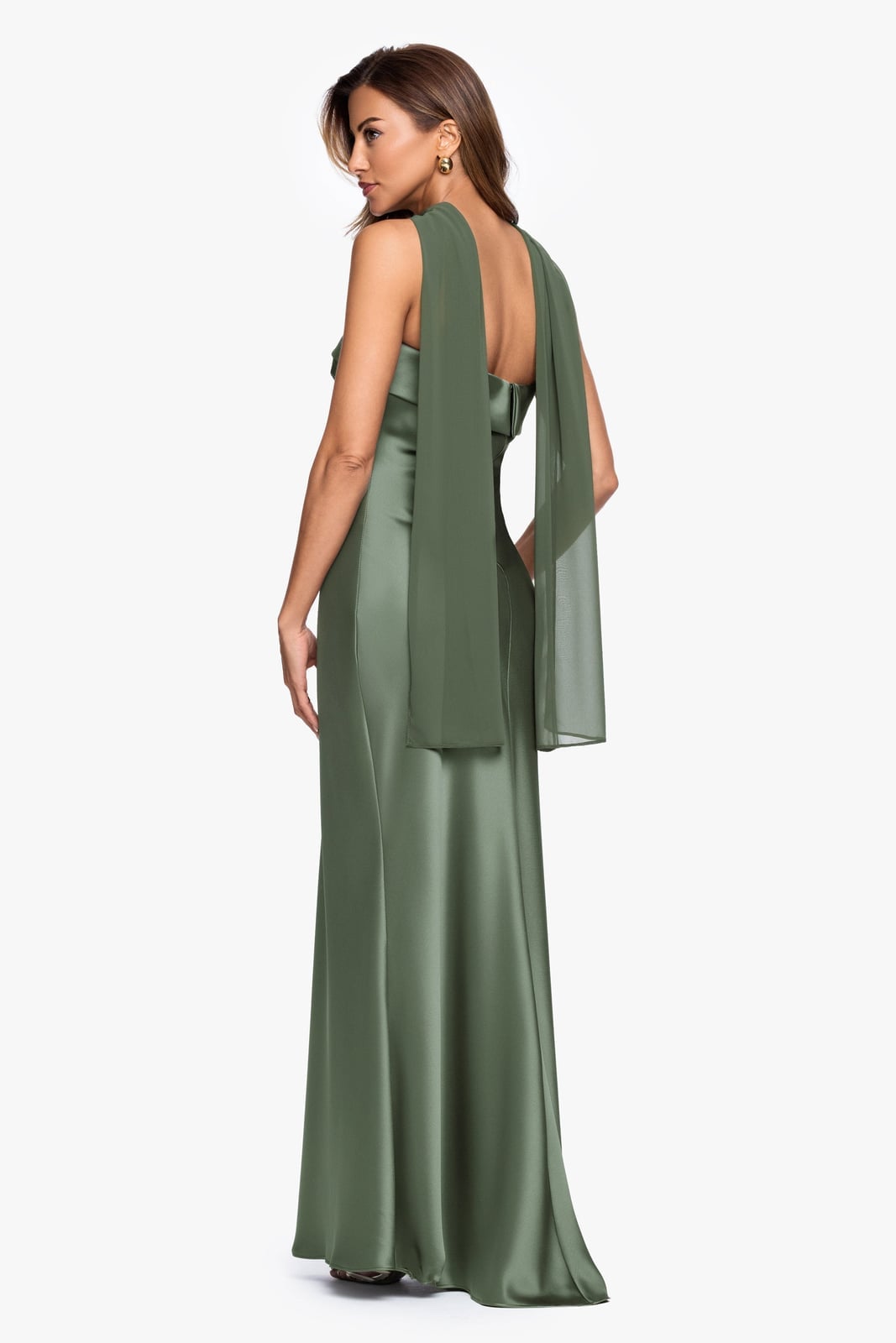 Olive Green Maxi Dress with Flowing Chiffon Scarf Panels — Dress with Scarf