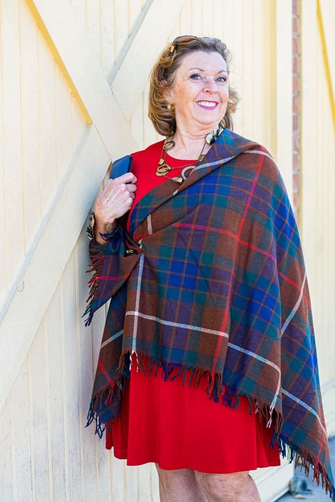 Red A-Line Dress with a Large Tartan Scarf — Dress with Scarf