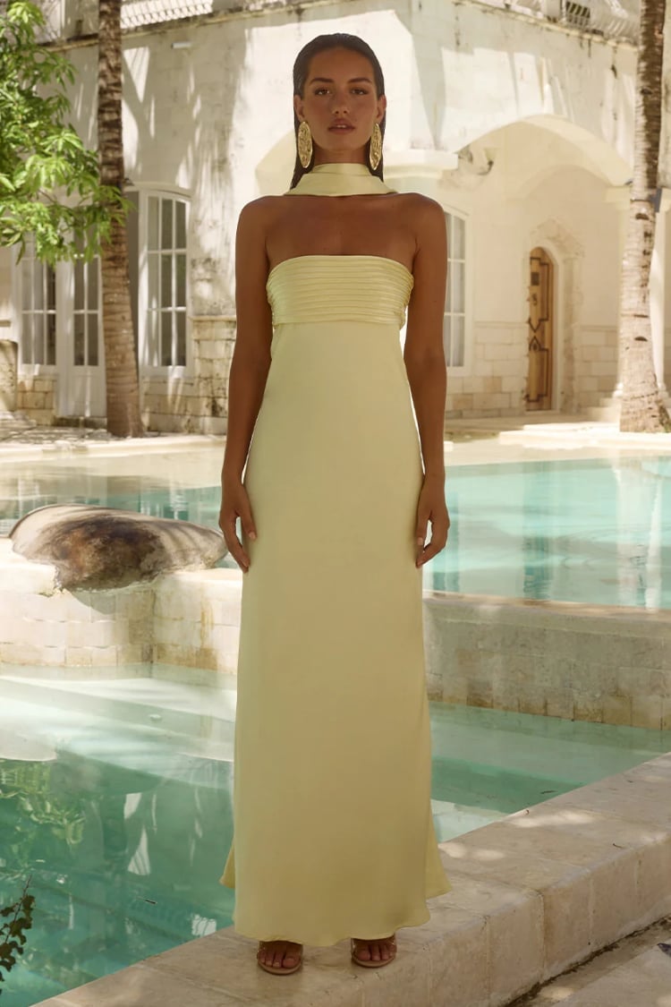 Pale Yellow Strapless Maxi Dress with High Neckline Scarf — Dress with Scarf
