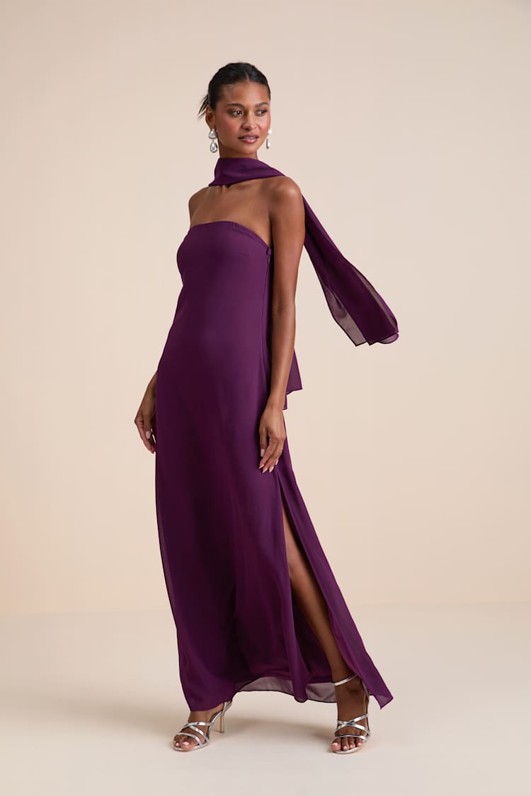 Deep Purple Strapless Maxi Dress with Flowing Scarf — Dress with Scarf