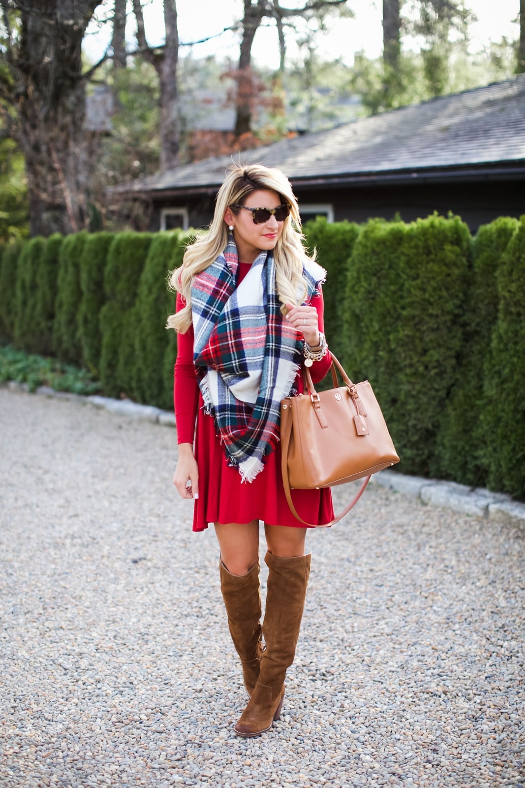 Red Fit-And-Flare Dress with Large Plaid Scarf — Dress with Scarf