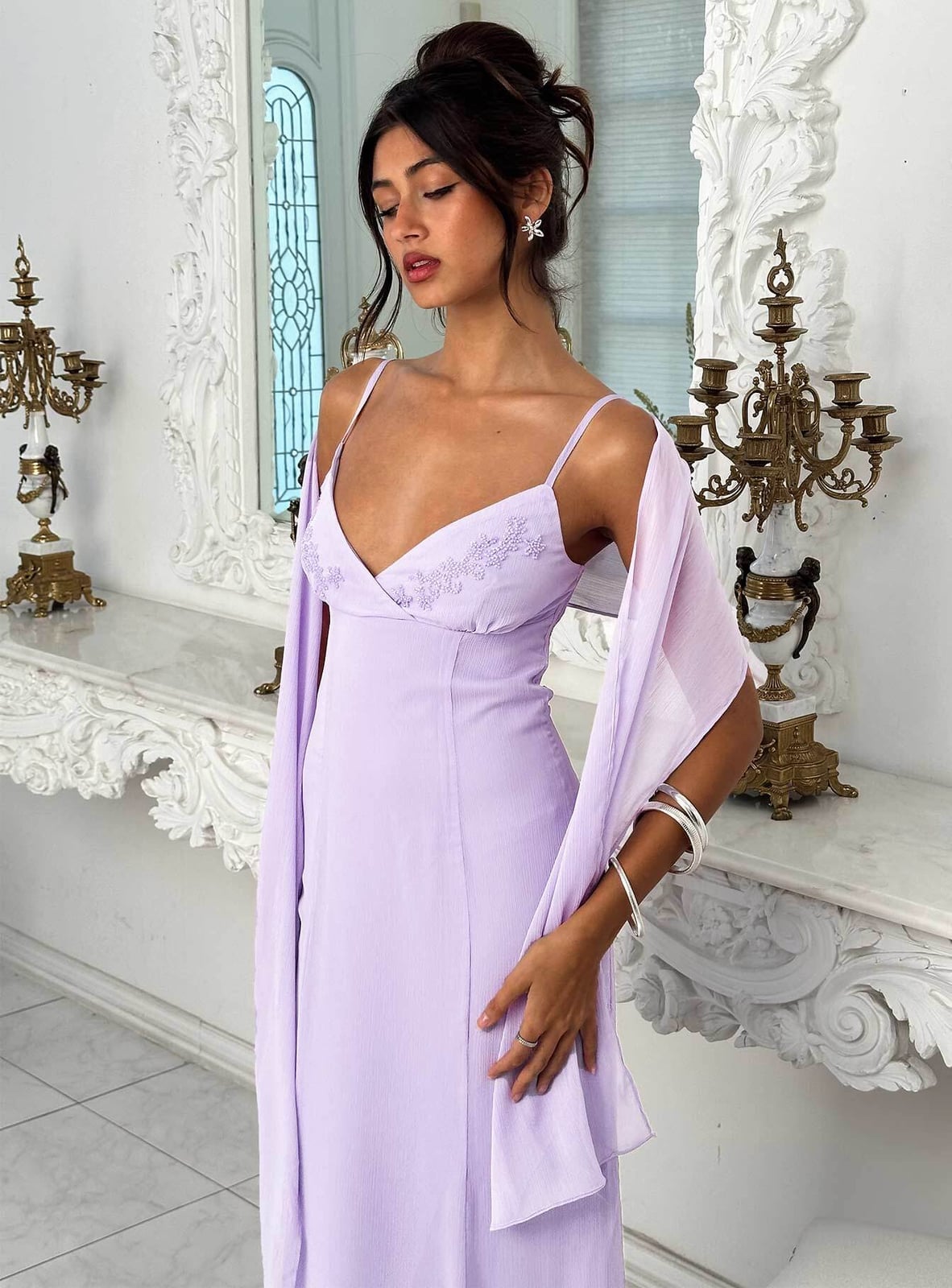 Lavender Cami Maxi Dress with Sheer Scarf Sleeves — Dress with Scarf