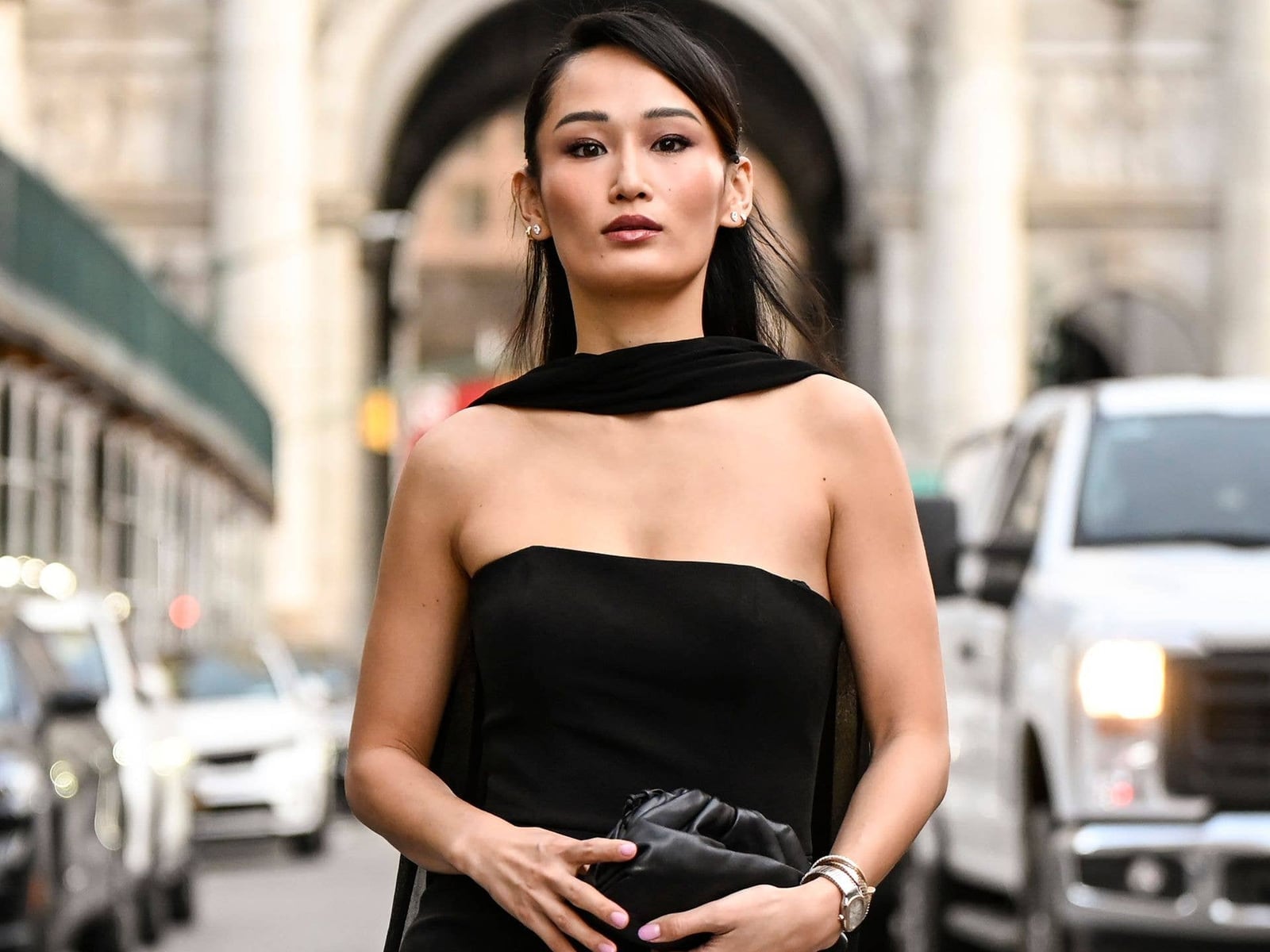 Black Strapless Dress with a Draped Scarf — Dress with Scarf