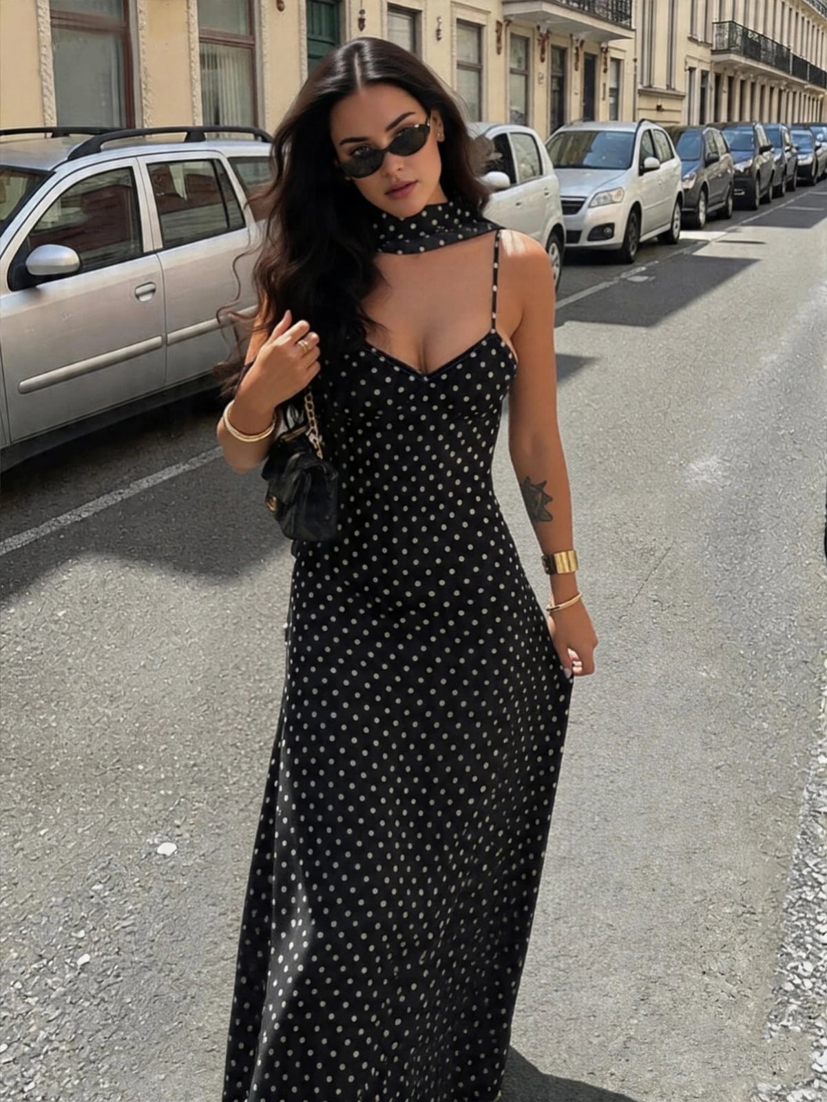 Polka Dot Dress with an Attached Choker Scarf — Dress with Scarf
