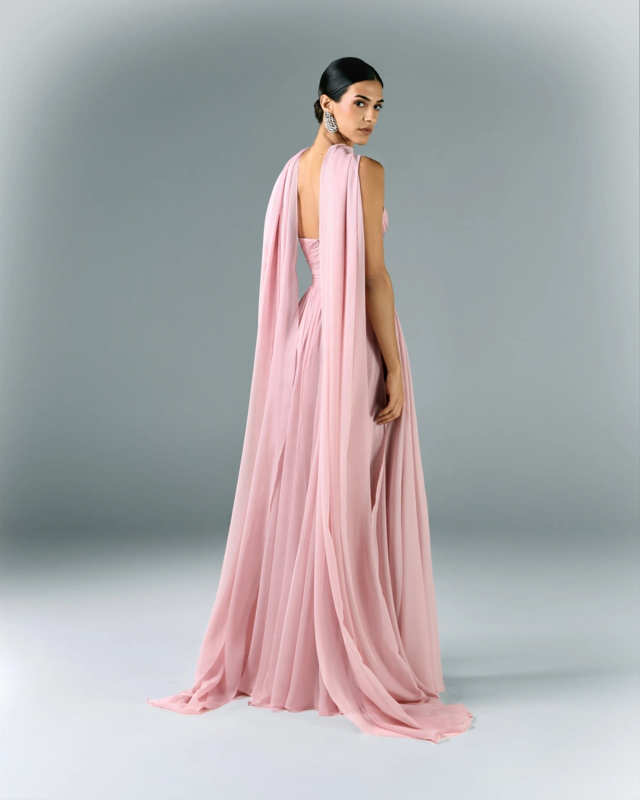Blush Pink Chiffon Gown with Draped Cape Sleeves — Dress with Scarf