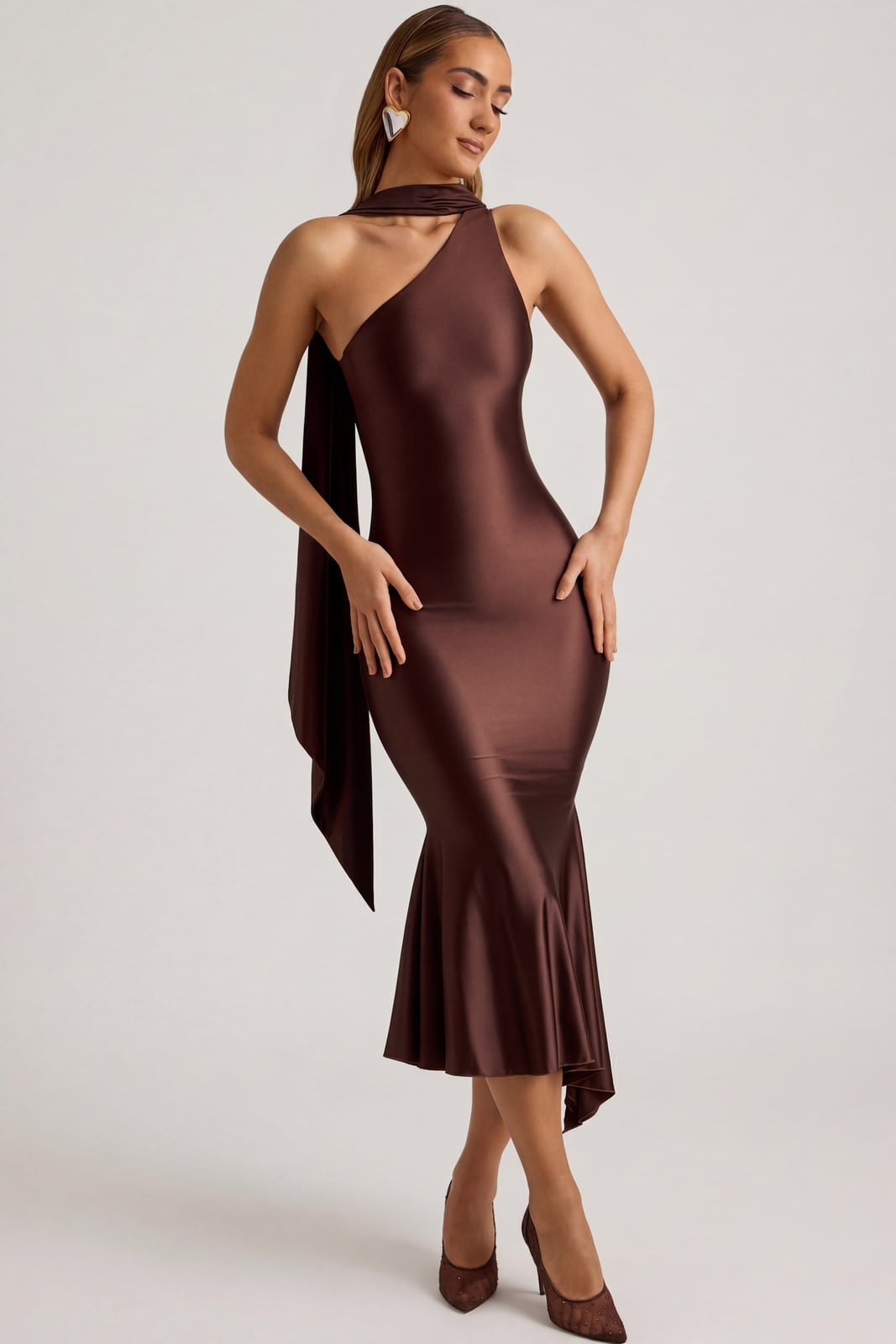 Chocolate Brown Dress with Cascading Scarf Detail — Dress with Scarf