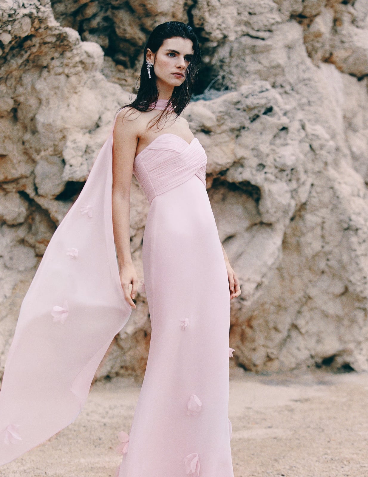 Pale Pink Strapless Gown with Draped Scarf and Floral Appliqués — Dress with Scarf