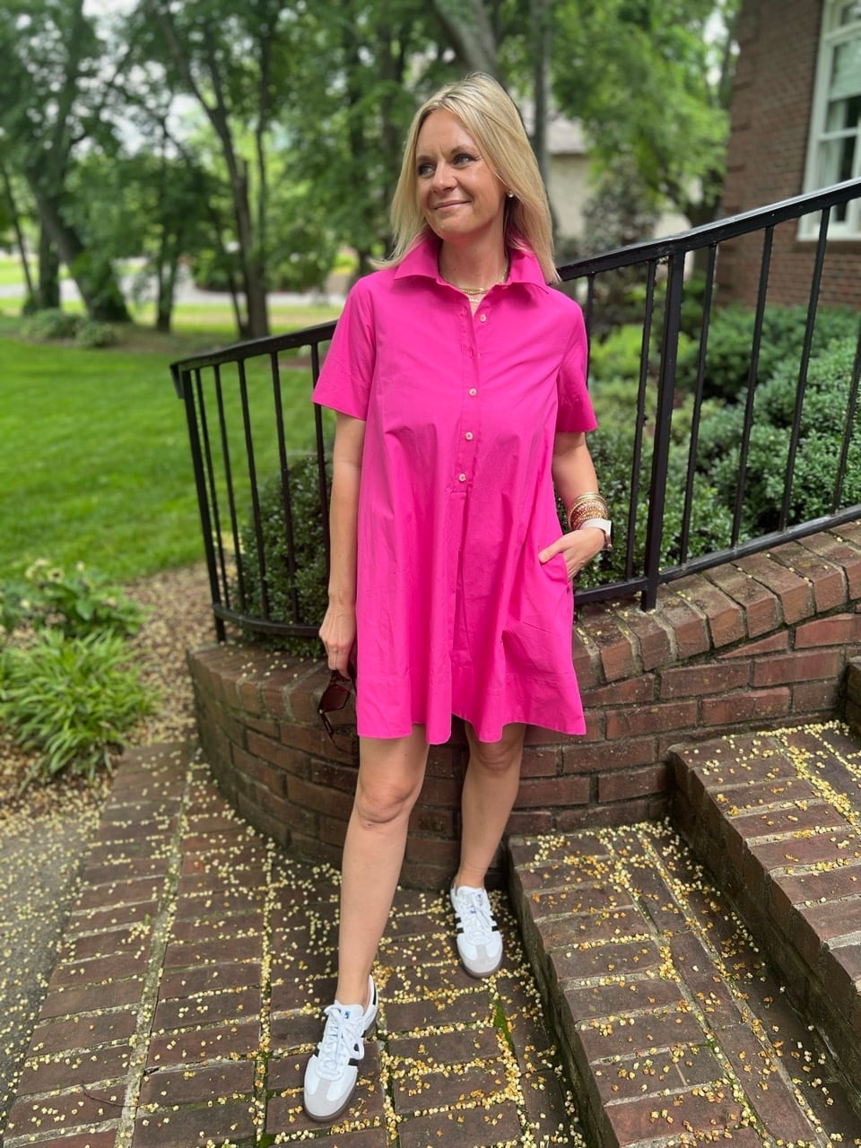 Hot Pink Shirt Dress and Low-Tops — Dress with Sneakers