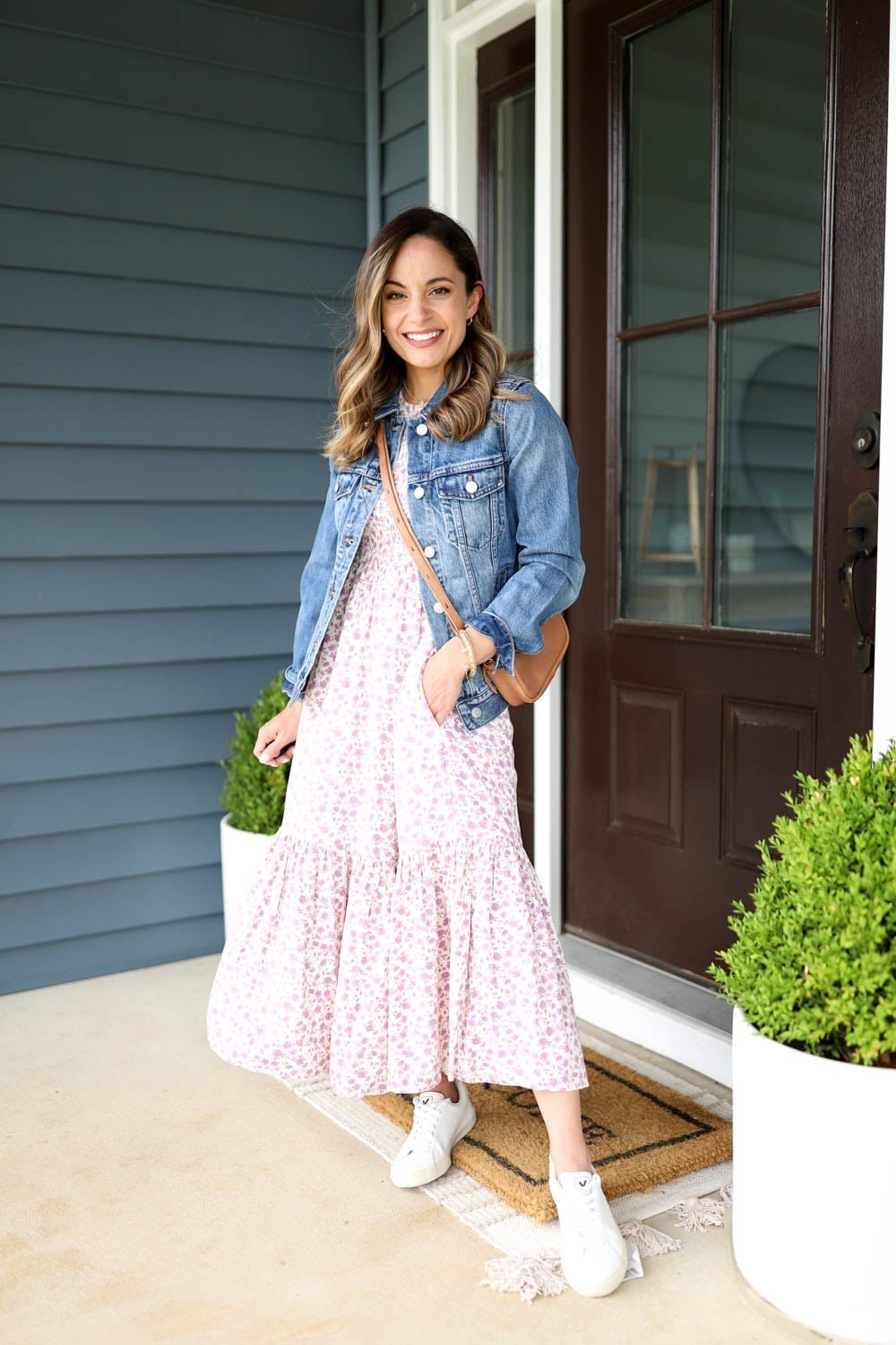Lace Midi Dress with Denim Jacket — Dress with Sneakers