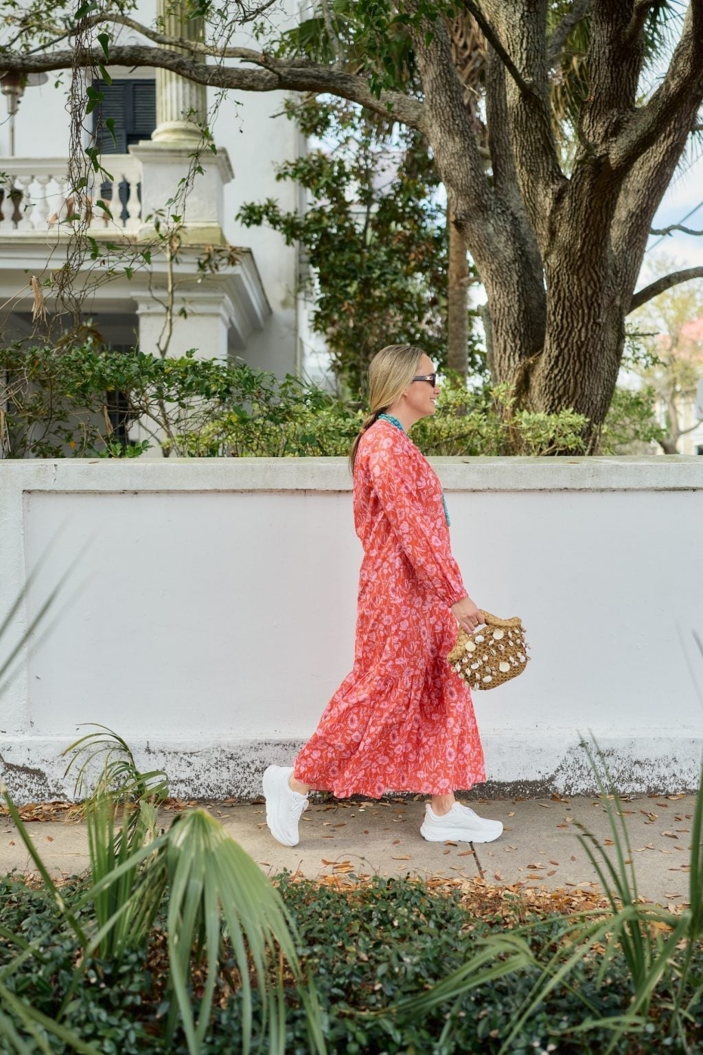 Floral Midi Dress and Woven Bag — Dress with Sneakers