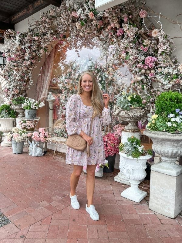 Floral Mini Dress and Tan Bag — Dress with Sneakers