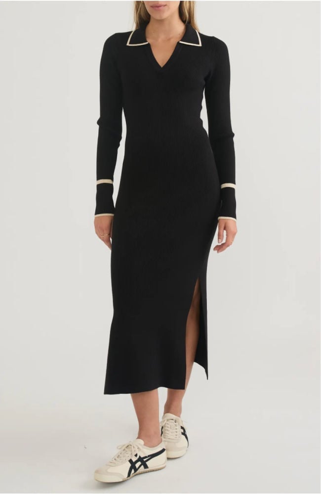 Ribbed Knit Midi Dress with Contrast Trim — Dress with Sneakers