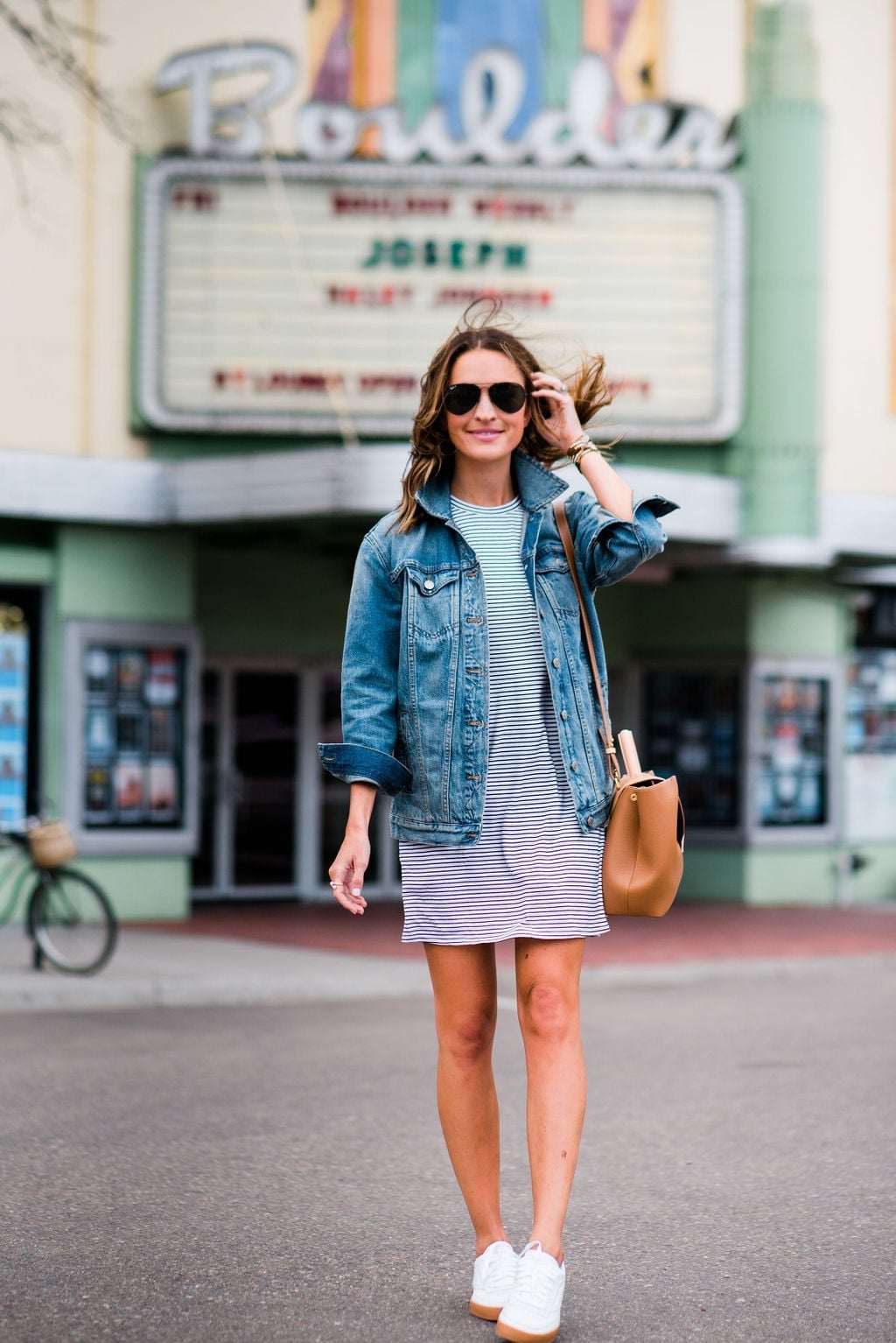 Striped Midi Dress and Denim Jacket With White Low-Top Sneakers — Dress with Sneakers