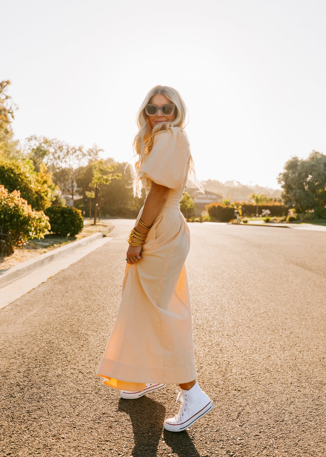 Puff Sleeve Maxi Dress and High-Tops — Dress with Sneakers