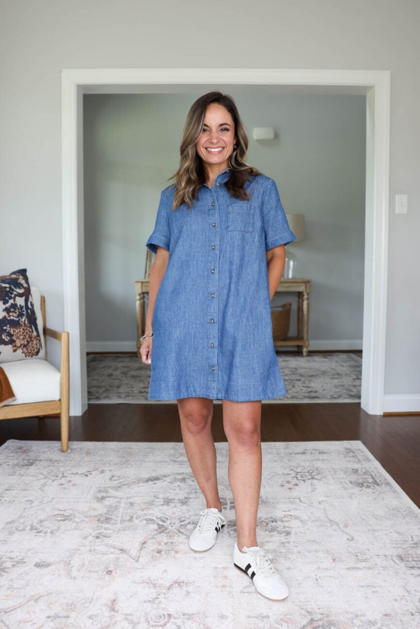Denim Shirt Dress and Striped Sneakers — Dress with Sneakers