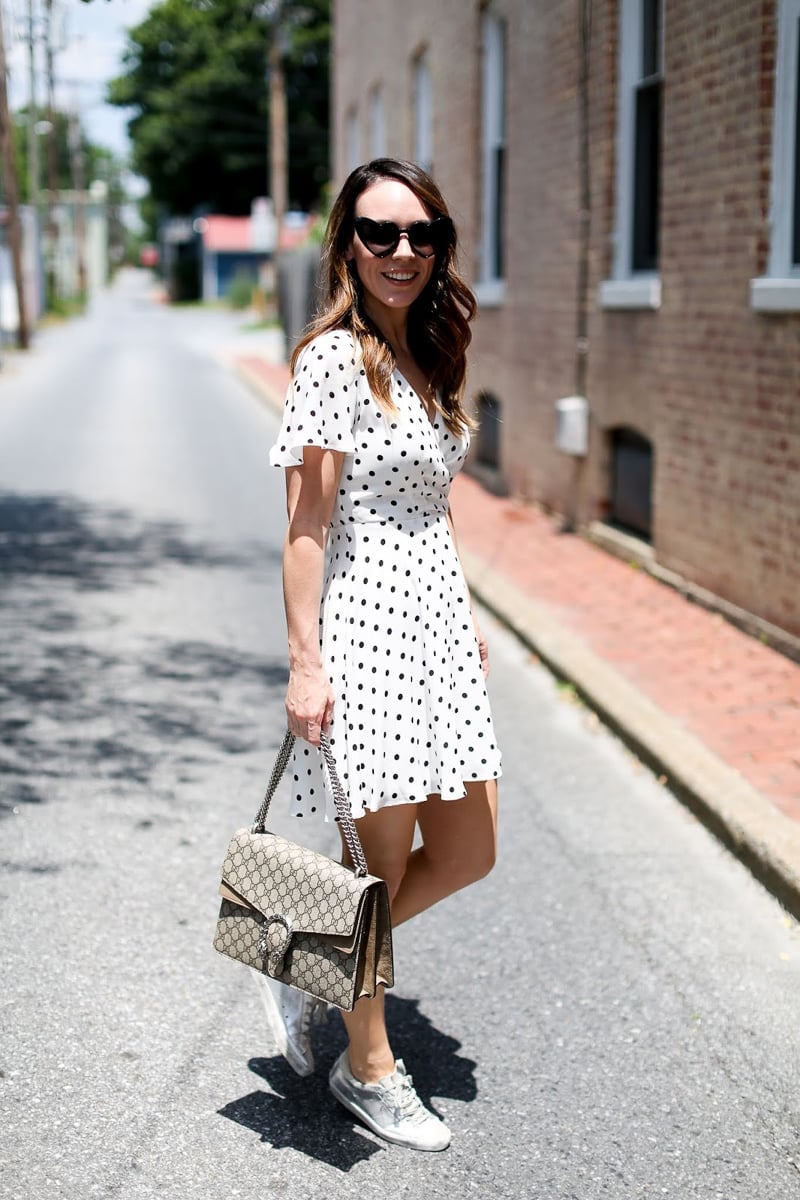 Polka Dot Dress and Gray Sneakers With Lightweight Fabric — Dress with Sneakers