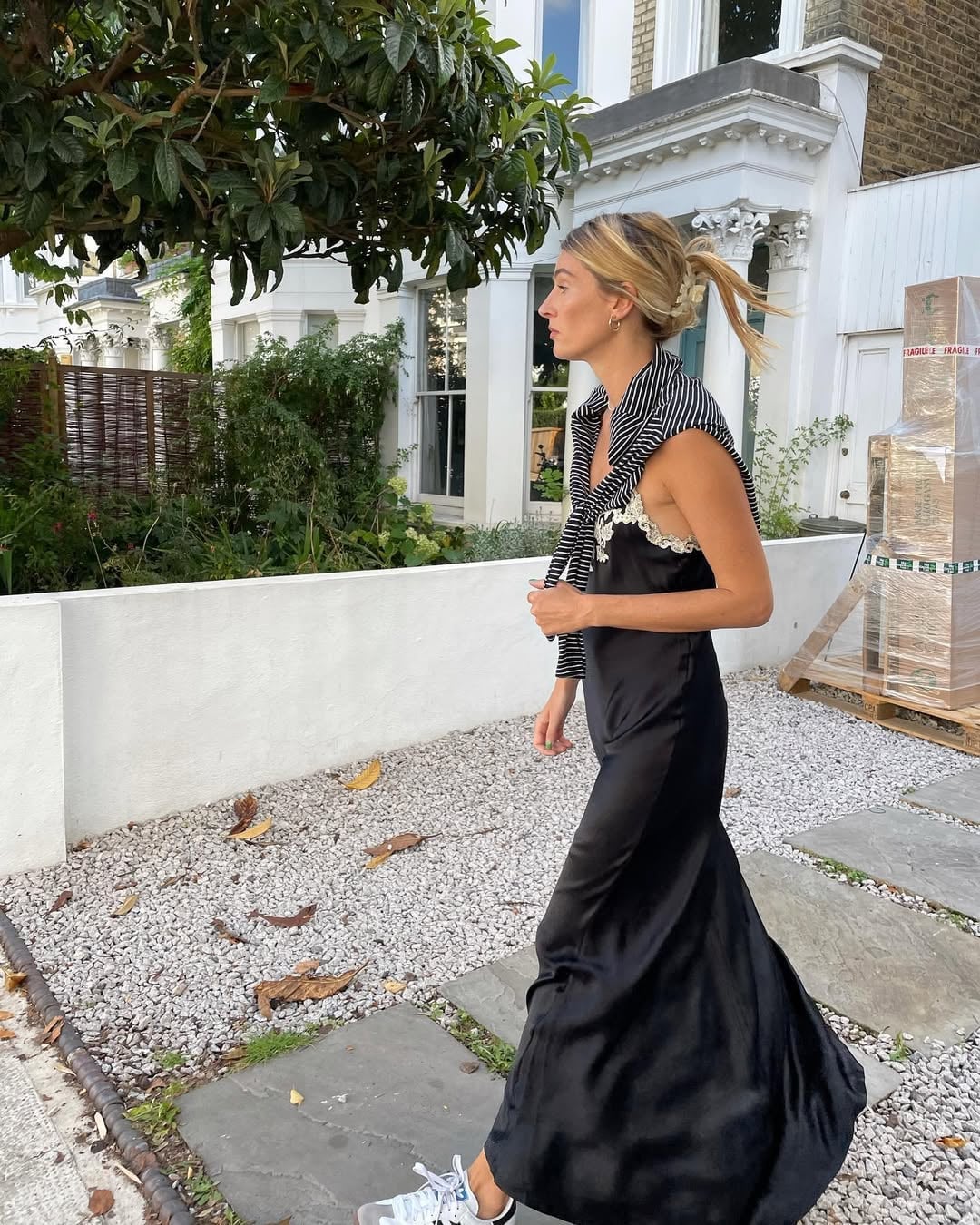 Silk Slip Dress and Sweater — Dress with Sneakers