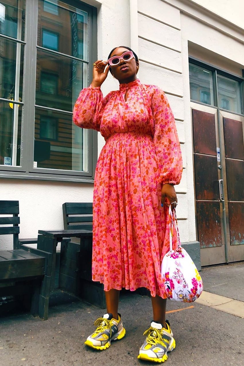 Floral Midi Dress and Bold Sneakers — Dress with Sneakers