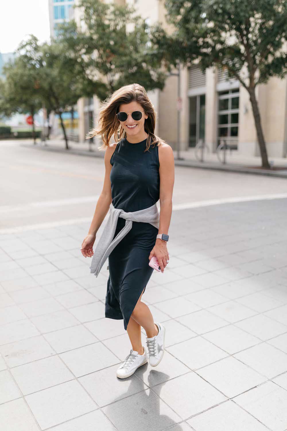 Asymmetrical Midi Dress with Sweater Tie — Dress with Sneakers