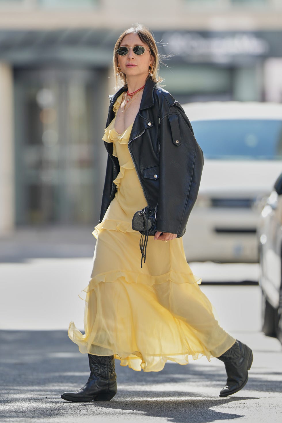 Yellow Chiffon Dress with Biker Jacket and Cowboy Boots, Close-Up Take Yellow Chiffon Dress with Biker Jacket and Cowboy Boots, Close-Up Take — Dresses and Boots Outfit