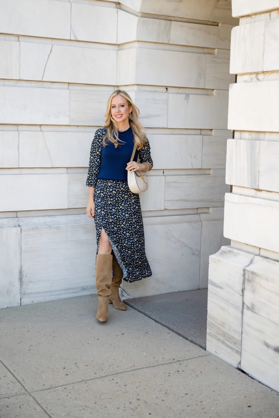 Floral Midi Dress with Sweater and Tan Suede Boots Floral Midi Dress with Sweater and Tan Suede Boots — Dresses and Boots Outfit