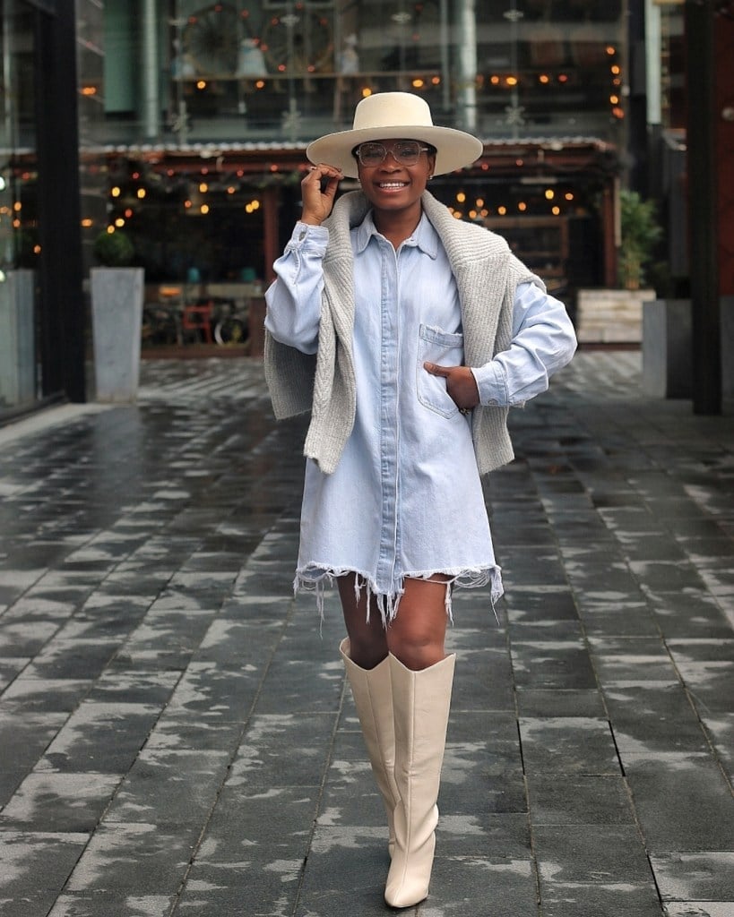 Denim Shirt Dress with Draped Sweater and Beige Boots Denim Shirt Dress with Draped Sweater and Beige Boots — Dresses and Boots Outfit