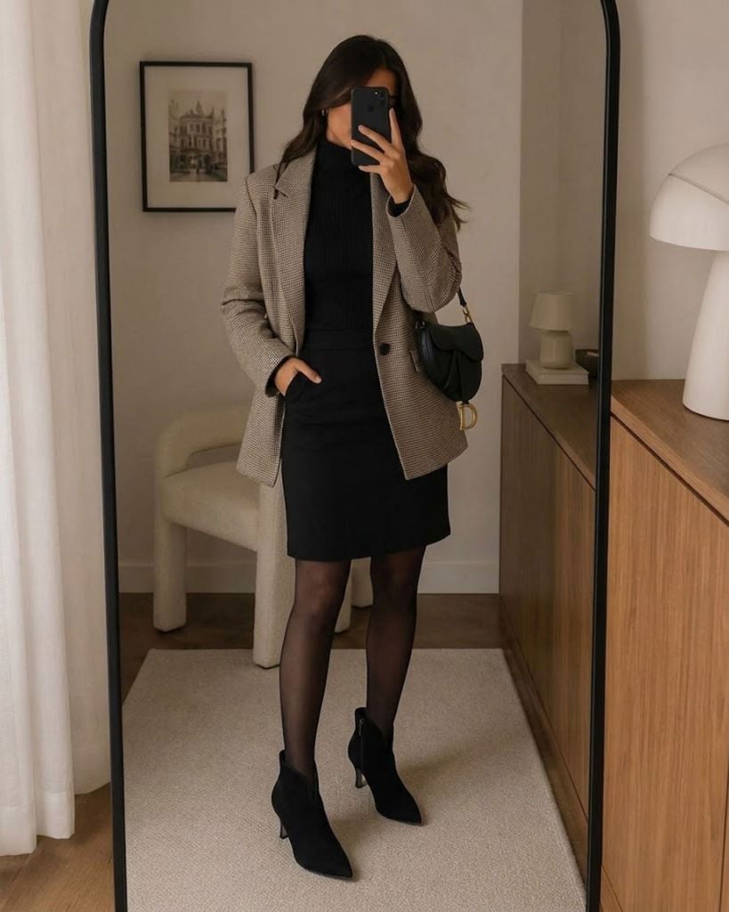 Black Skirt and Turtleneck with Houndstooth Blazer and Heeled Boots Black Skirt and Turtleneck with Houndstooth Blazer and Heeled Boots — Dresses and Boots Outfit