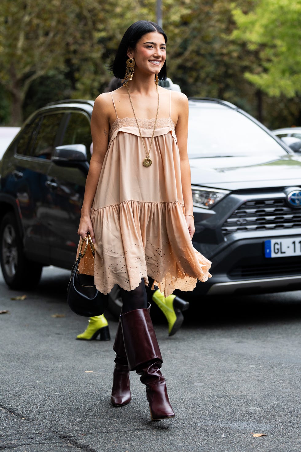 Beige Slip Dress with Burgundy Leather Boots Beige Slip Dress with Burgundy Leather Boots — Dresses and Boots Outfit
