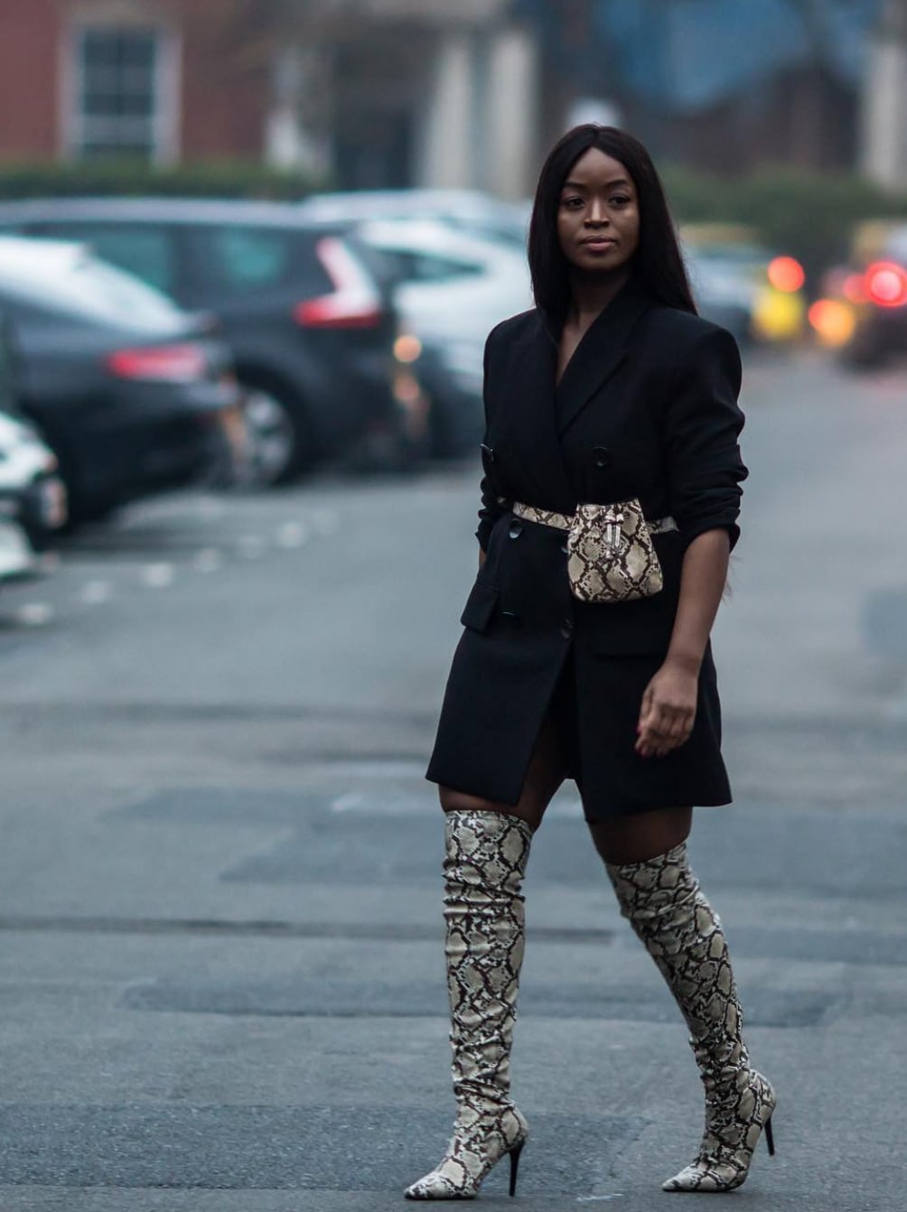 Black Blazer Dress with Snakeskin Thigh-High Boots Black Blazer Dress with Snakeskin Thigh-High Boots — Dresses and Boots Outfit