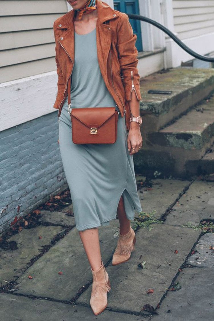 Light Blue Midi Dress with Suede Moto Jacket and Fringe Boots Light Blue Midi Dress with Suede Moto Jacket and Fringe Boots — Dresses and Boots Outfit