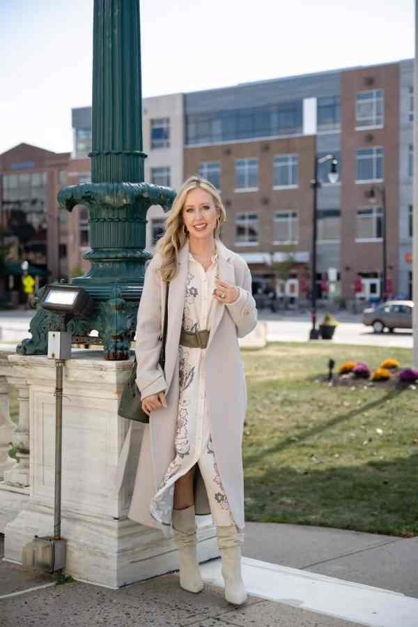 Floral Midi Dress with Long Coat and Cream Knee-High Boots Floral Midi Dress with Long Coat and Cream Knee-High Boots — Dresses and Boots Outfit