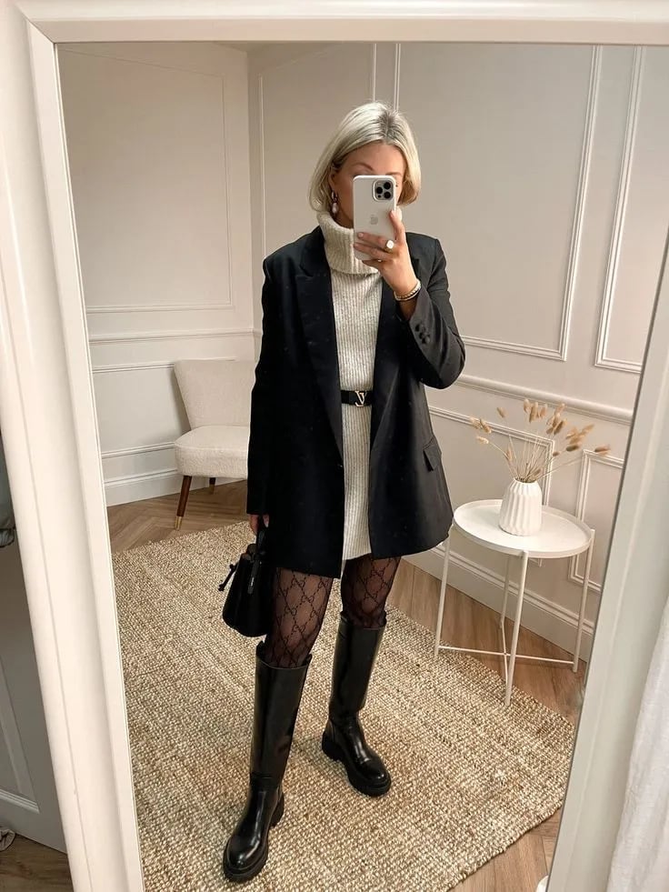 Cream Turtleneck Dress with Oversized Blazer and Chunky, Close-Up Take Cream Turtleneck Dress with Oversized Blazer and Chunky, Close-Up Take — Dresses and Boots Outfit