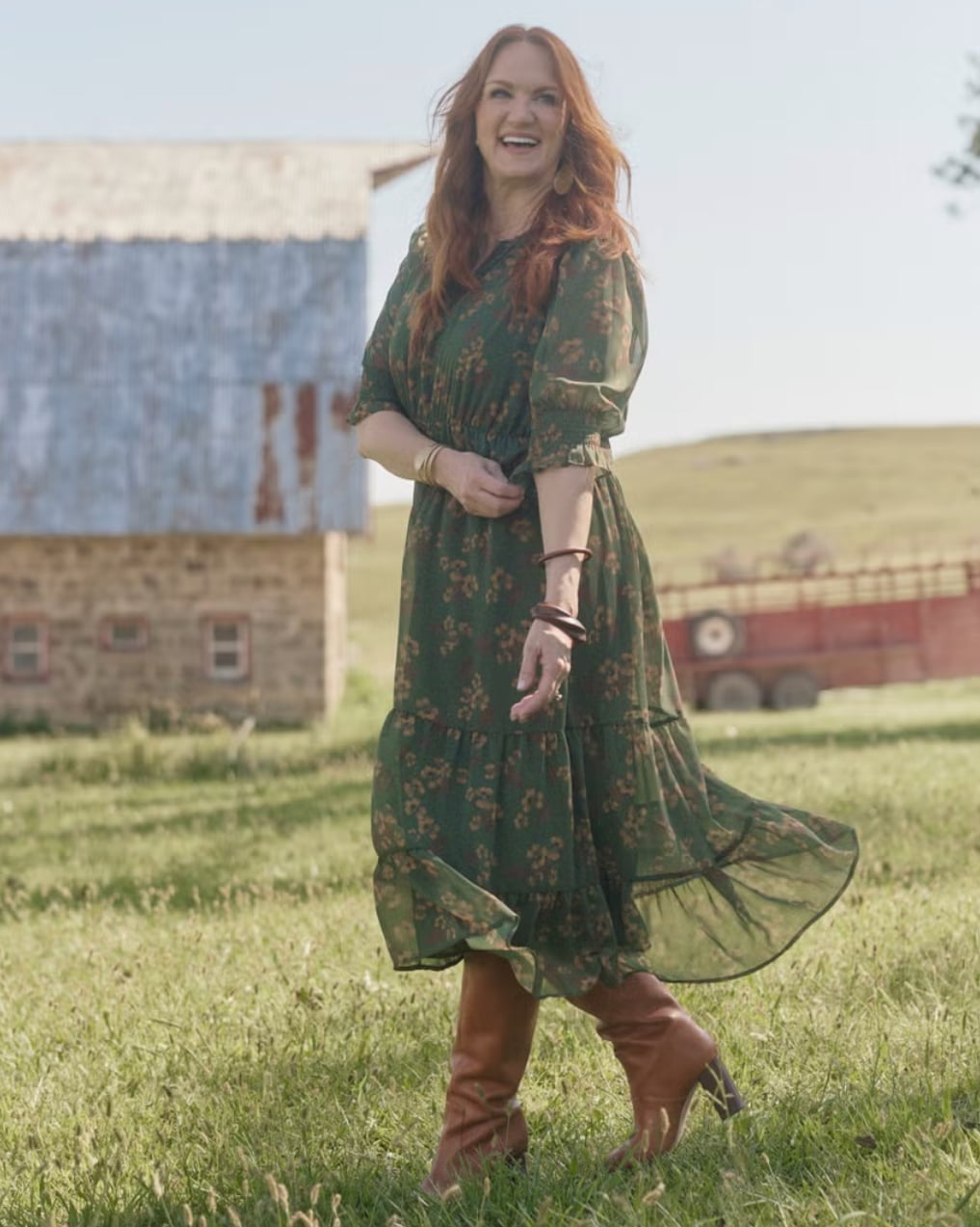 Green Floral Midi Dress with Brown Heeled Boots, Close-Up Take Green Floral Midi Dress with Brown Heeled Boots, Close-Up Take — Dresses and Boots Outfit