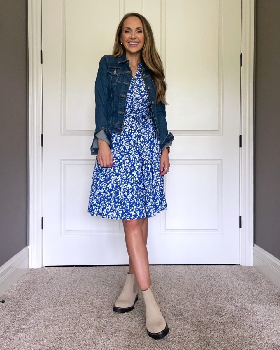 Floral A-Line Dress with Denim Jacket and Chelsea Boots, Close-Up Take Floral A-Line Dress with Denim Jacket and Chelsea Boots, Close-Up Take — Dresses and Boots Outfit