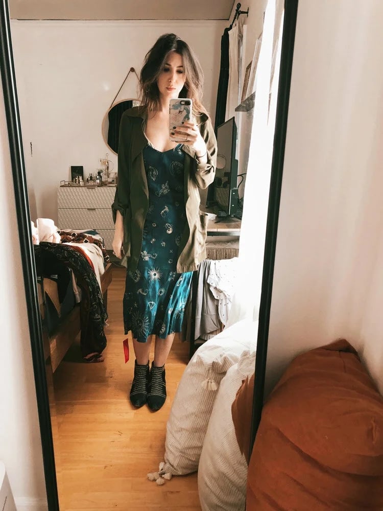 Blue Slip Dress with Olive Jacket and Black Ankle Boots Blue Slip Dress with Olive Jacket and Black Ankle Boots — Dresses and Boots Outfit