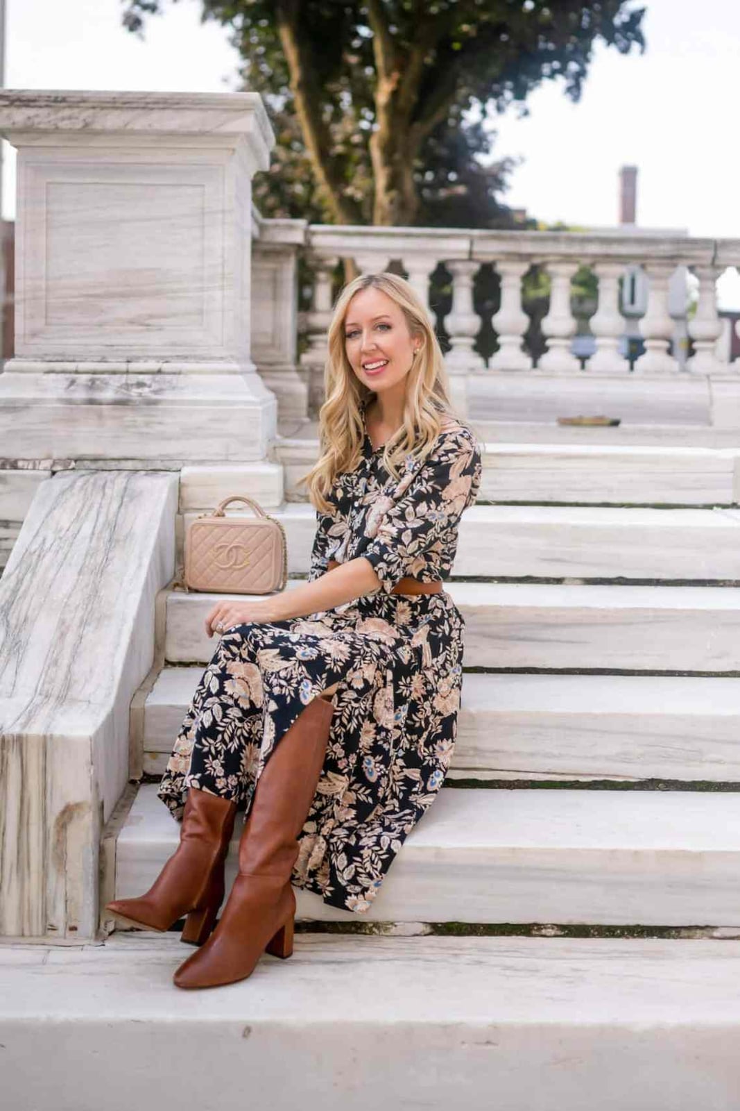 Floral Midi Dress with Brown Leather Boots, Office-Safe Version Floral Midi Dress with Brown Leather Boots, Office-Safe Version — Dresses and Boots Outfit