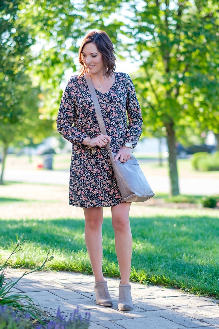 Dark Blue Floral Shift Dress with Taupe Ankle Boots Dark Blue Floral Shift Dress with Taupe Ankle Boots — Dresses and Boots Outfit