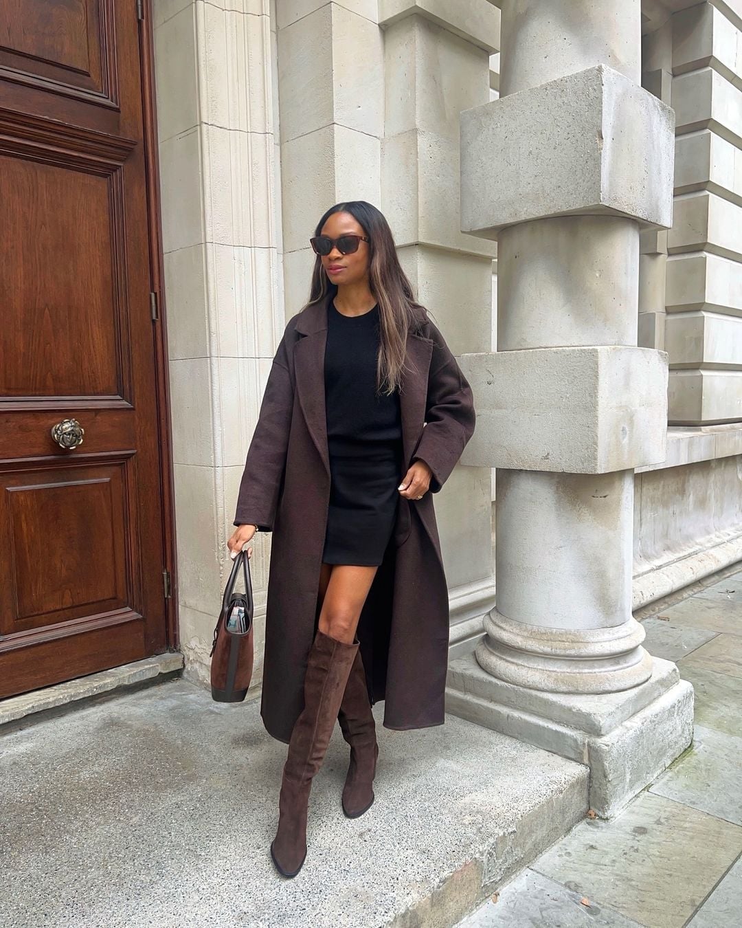 Black Mini Dress with Long Wool Coat and Suede Boots Black Mini Dress with Long Wool Coat and Suede Boots — Dresses and Boots Outfit