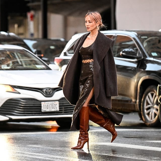 Sequined Midi Dress with Oversized Coat and Leather, Close-Up Take Sequined Midi Dress with Oversized Coat and Leather, Close-Up Take — Dresses and Boots Outfit