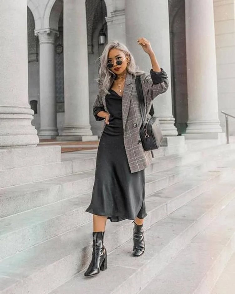 Black Satin Slip Dress with Plaid Blazer, Office-Safe Version Black Satin Slip Dress with Plaid Blazer, Office-Safe Version — Dresses and Boots Outfit