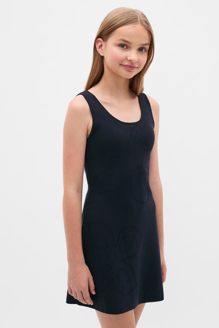 Dark Navy Fitted Ribbed Knit Dress, Close-Up Take — Dresses for Teens