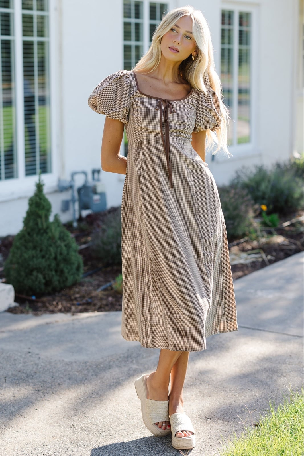 Brown and White Gingham Midi Dress with Tie, Office-Safe Version — Dresses for Teens