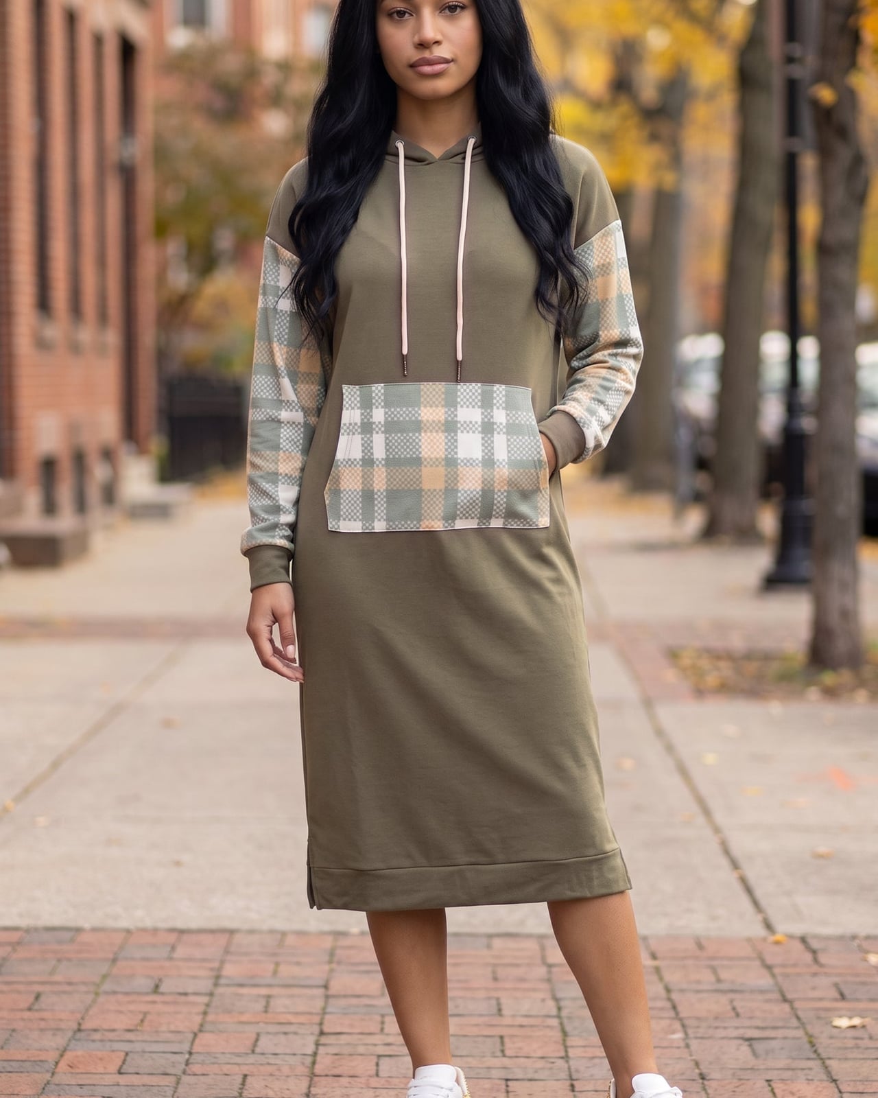 Olive Green Long Sleeve Midi Dress with Plaid Pocket — Dresses for Teens