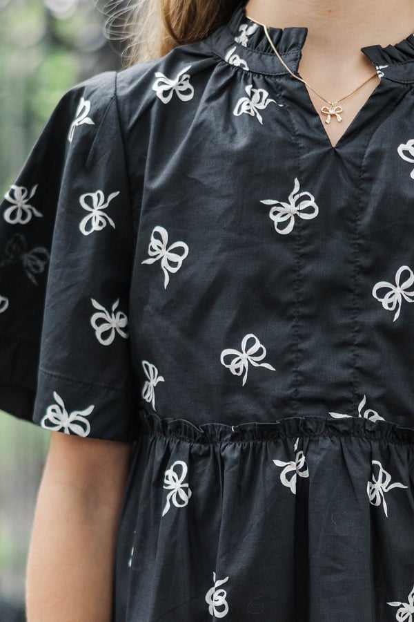 Black Cotton Dress with White Bow Pattern and Ruffled Neckline — Dresses for Teens