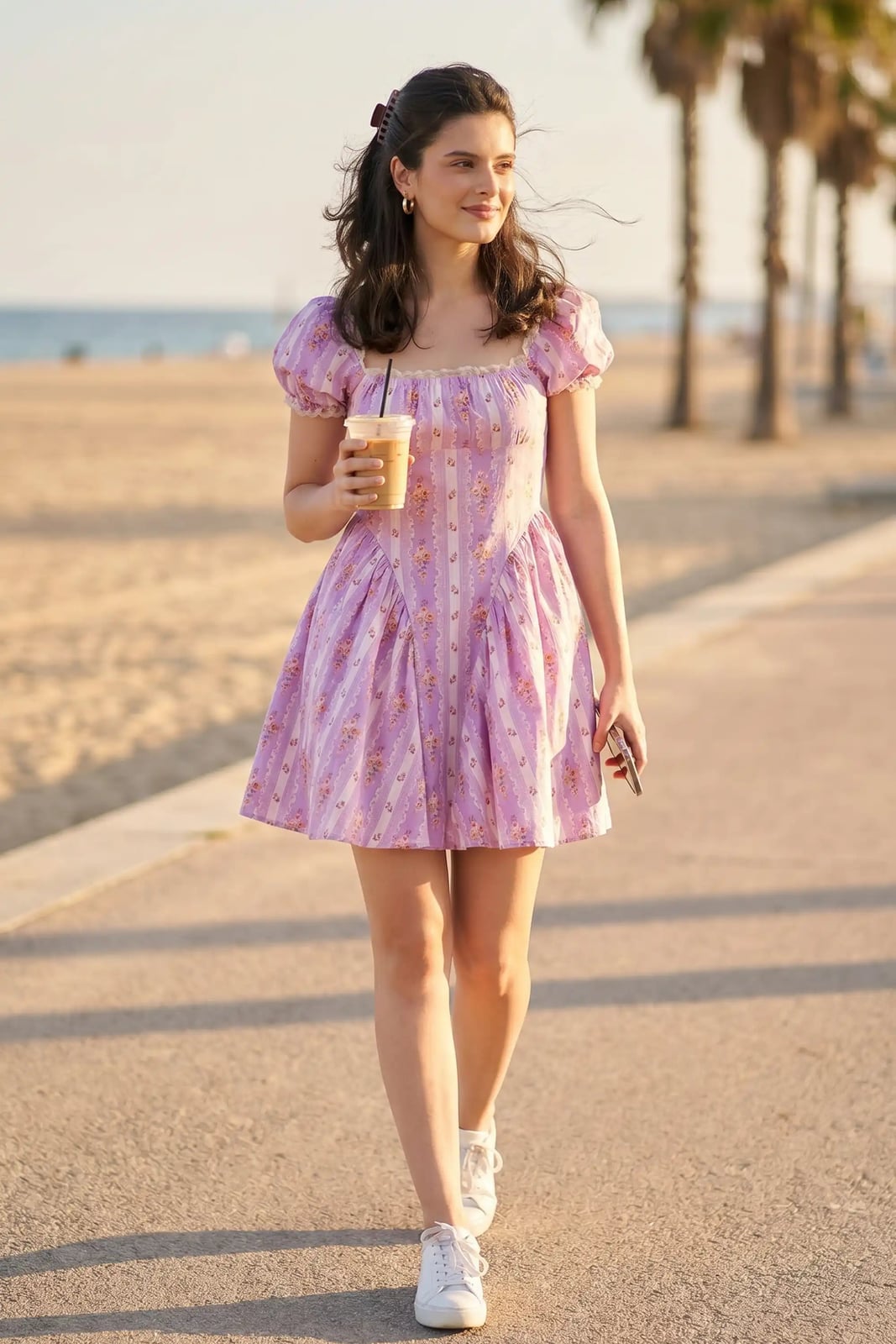 Lilac Puff Sleeve Mini Dress with Floral and Stripe Print — Dresses for Teens