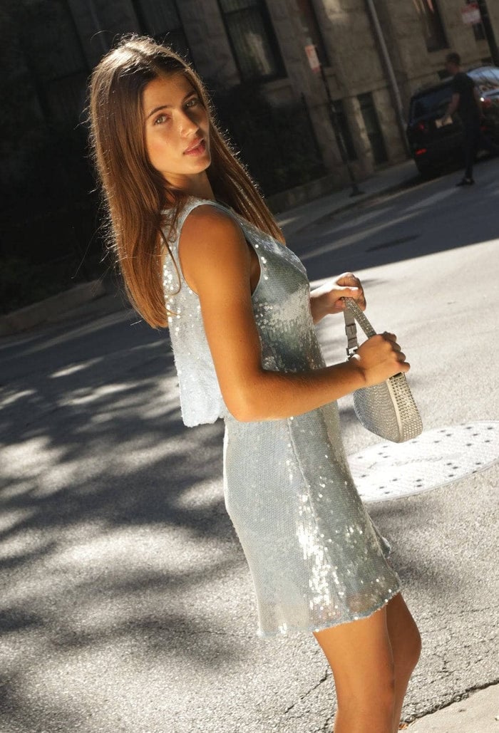 Silver Sequined Shift Mini Dress with V-neckline — Dresses for Teens