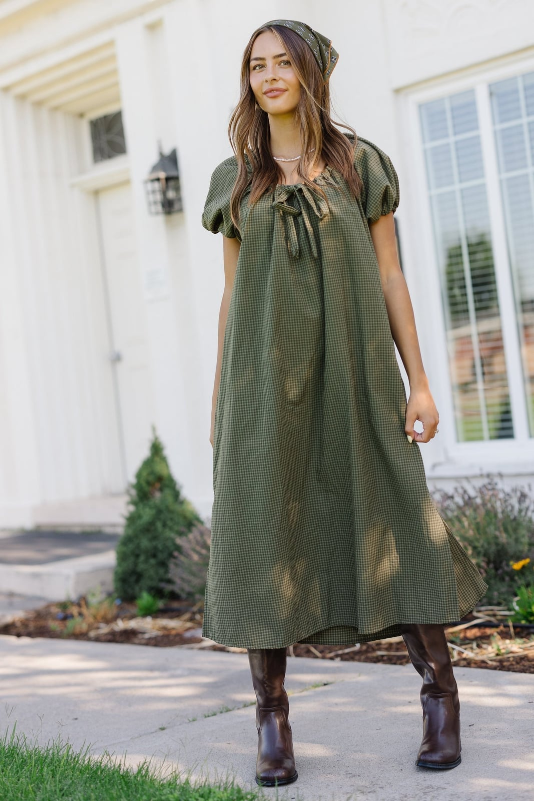 Green and Black Gingham Midi Dress with Bow Detail — Dresses for Teens